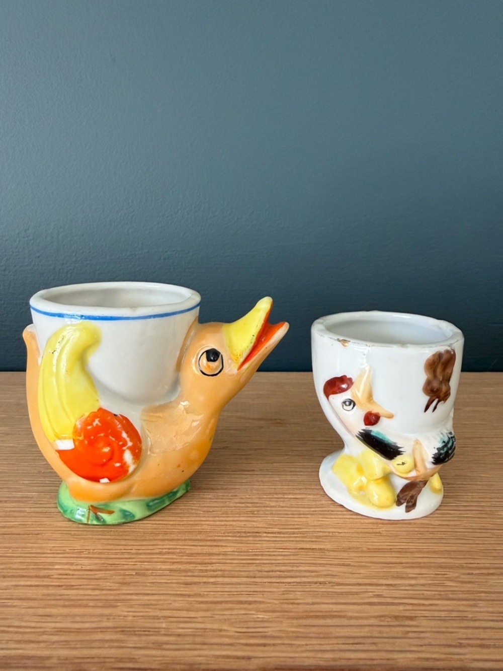 Vintage Ceramic Japanese Lustreware Duck & Rooster Egg Cups